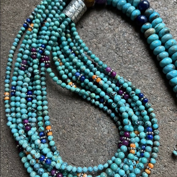 Sterling Silver Multi Strand Multi Stone Turquoise Bead Necklace. 30 inch - Picture 9 of 12